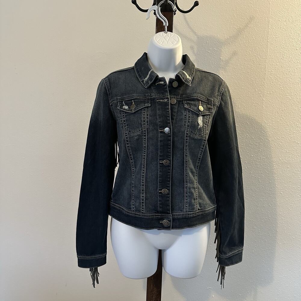 Cello Jeans Women’s M Denim Jacket Fringe Suede Western Boho Button Up